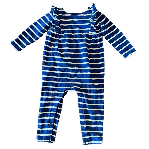 Tea Collection Size 9-12 Months 100% Cotton Long Sleeve Jumpsuit Blue White - Picture 1 of 5